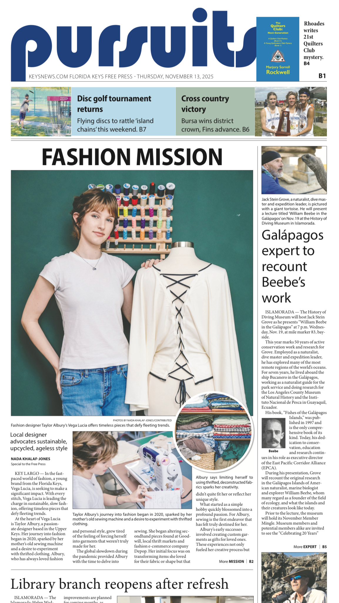 A newspaper or magazine front page titled 'pursuits' featuring a fashion article with a woman standing beside a mannequin wearing a cream lace-up top. The page includes multiple inset photos, columns of text, and a blue masthead.